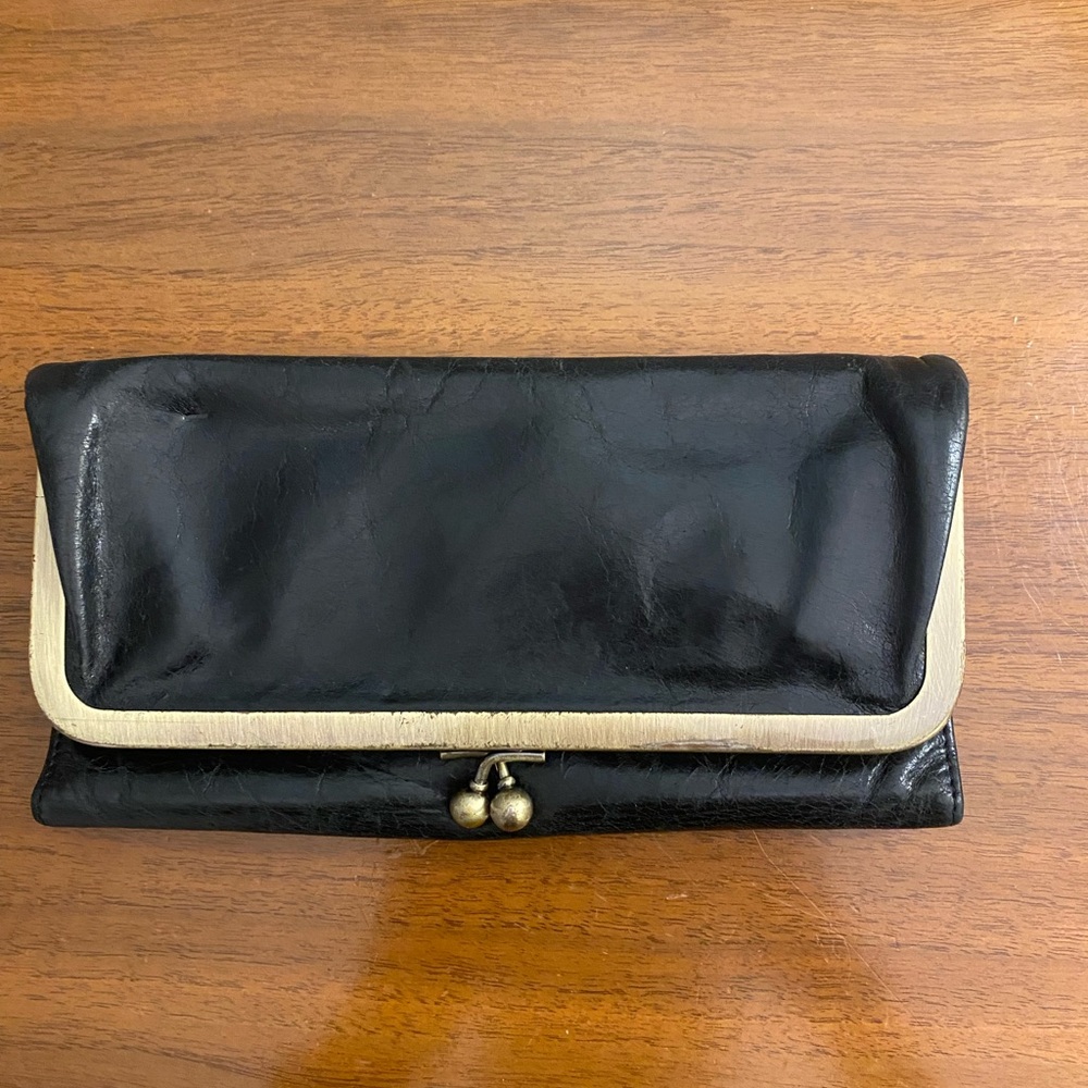 HOBO Black Leather Rachel Continental Wallet with Gold Trim